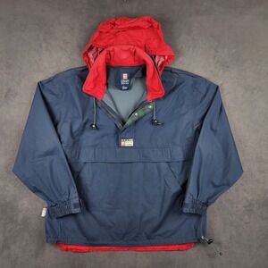 Vintage Chaps Ralph Lauren Anorak Jacket Mens Medium Navy Red Quarter Zip Hooded